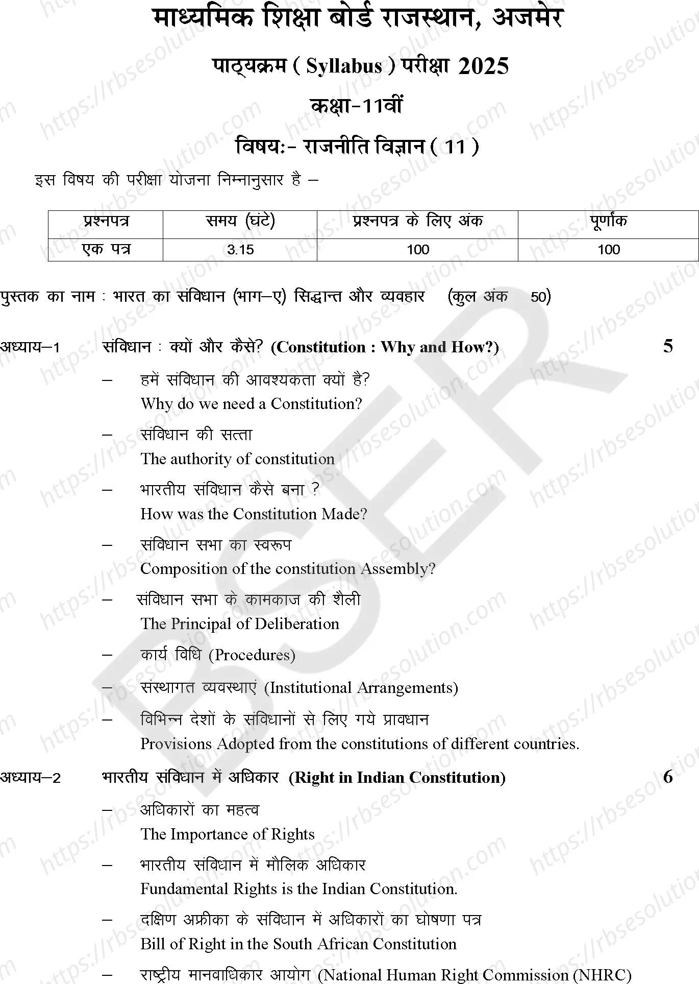 RBSE Class 11th 2025 Political Science Syllabus 0