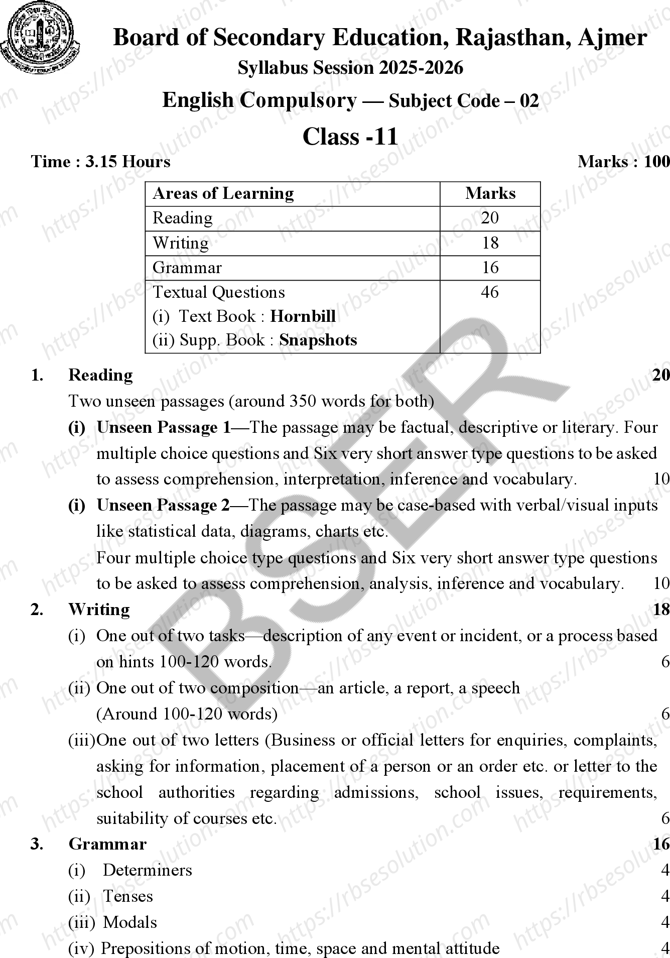 RBSE Class 11th 2026 English Compulsory Syllabus 0