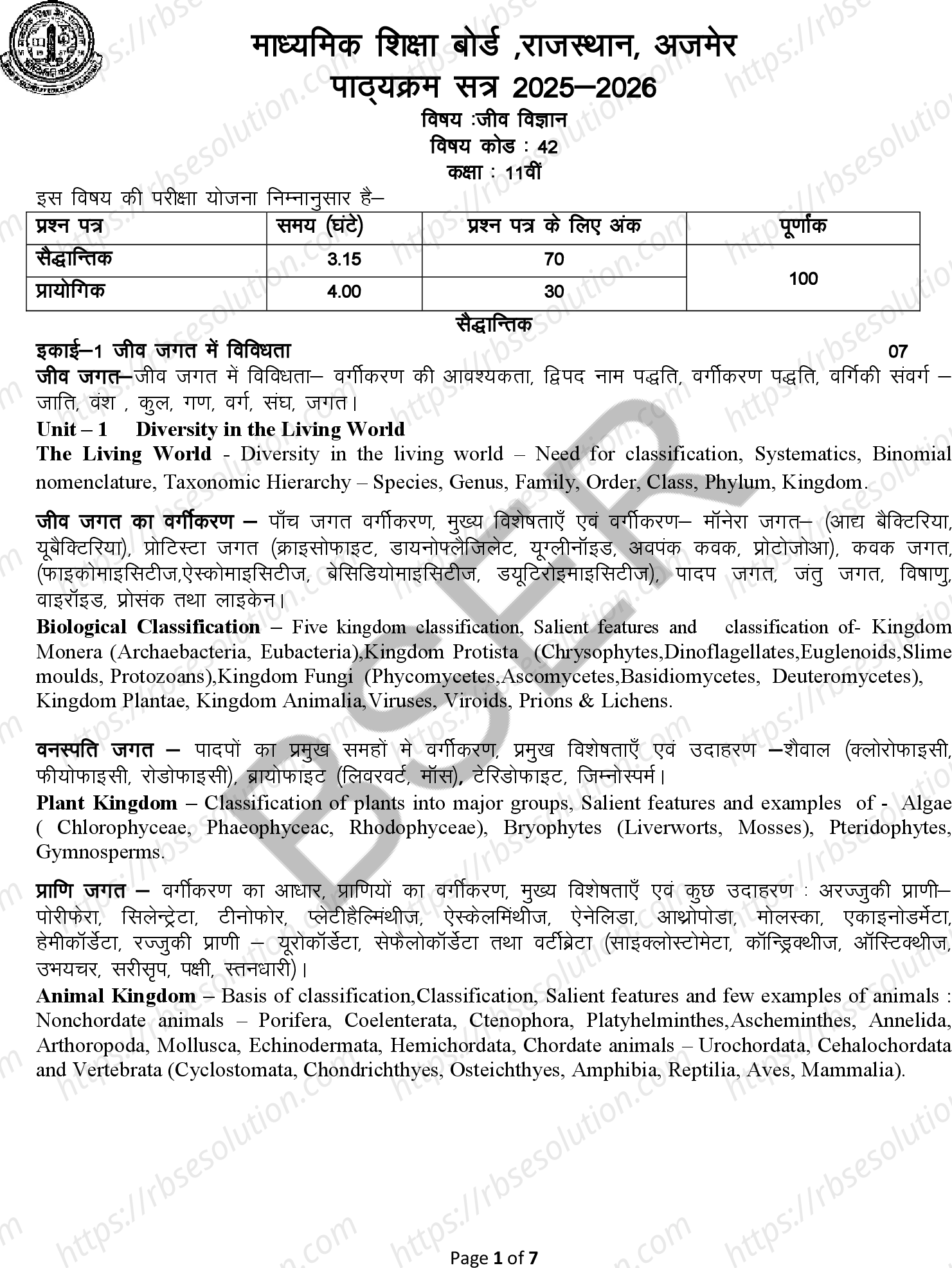 RBSE Class 11th 2026 जीव विज्ञान Syllabus 0