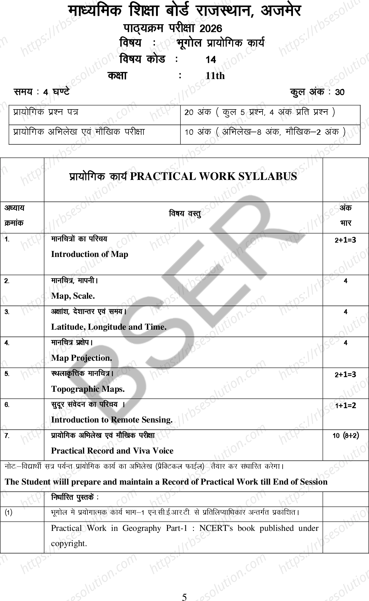RBSE Class 11th 2026 भूगोल प्रायोगिक कार्य Syllabus 0