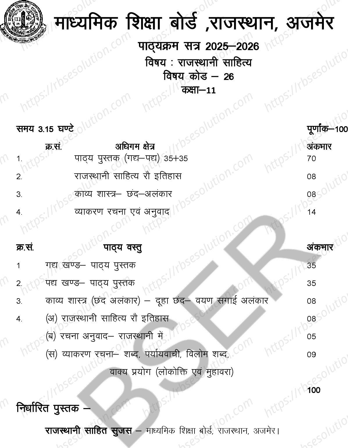 RBSE Class 11th 2026 राजस्थानी साहित्य Syllabus 0