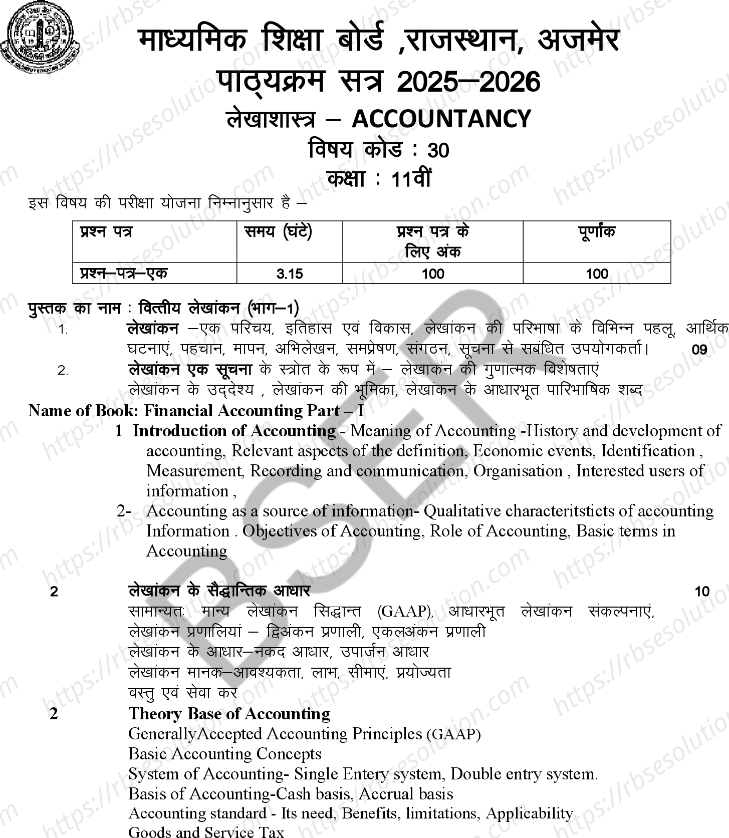 RBSE Class 11th 2026 लेखाशास्त्र Syllabus 0
