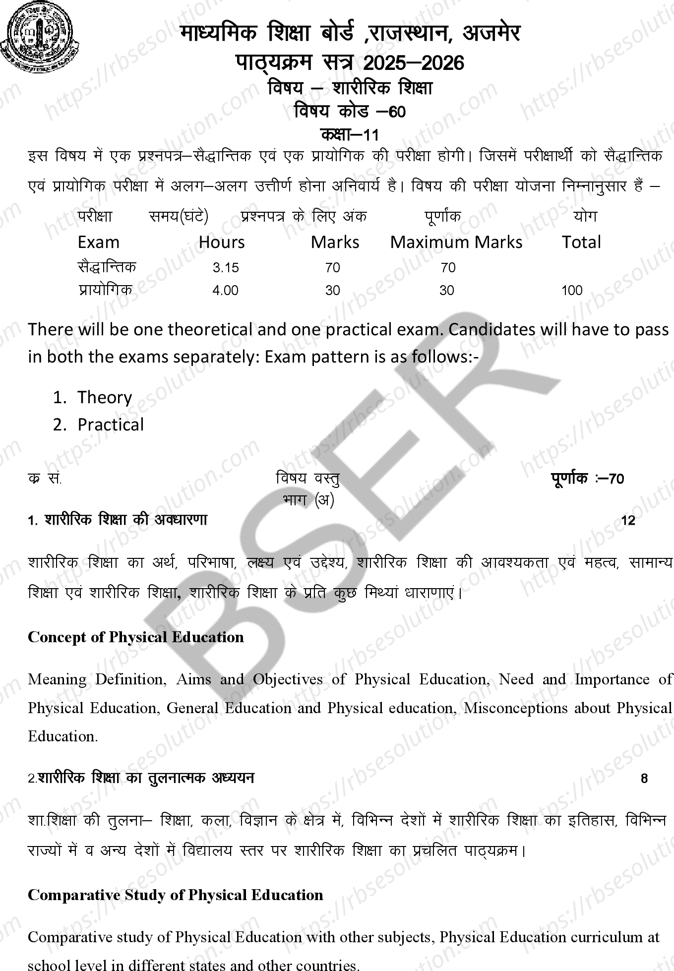 RBSE Class 11th 2026 शारीरिक शिक्षा Syllabus 0