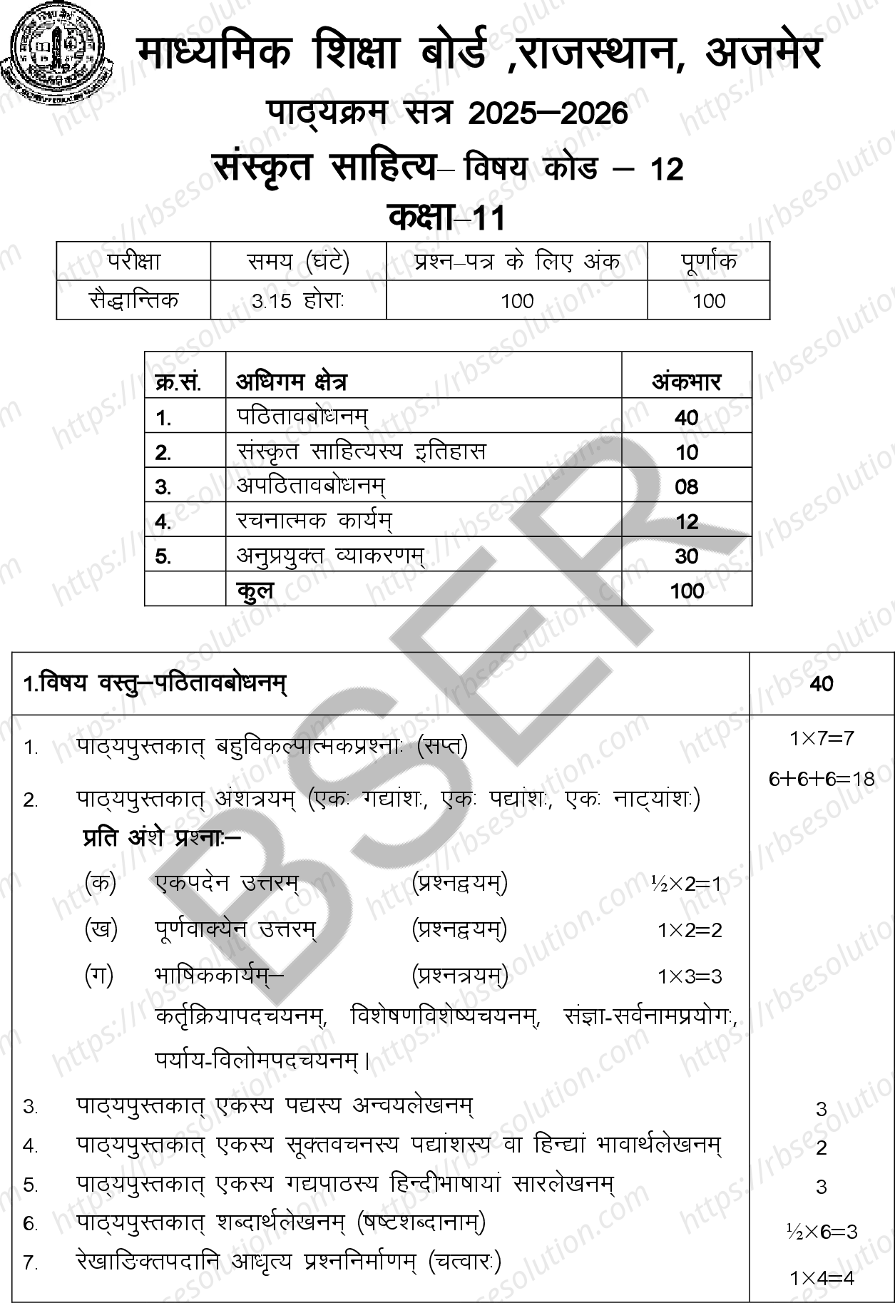 RBSE Class 11th 2026 संस्कृत साहित्य Syllabus 0