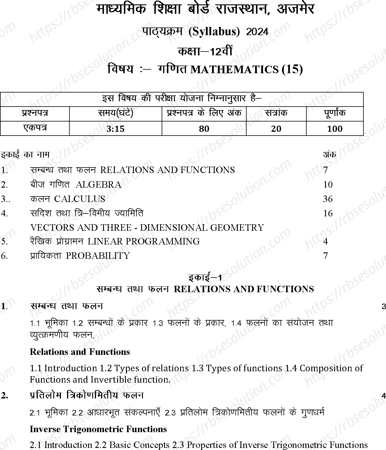 RBSE Class 12th 2024 Maths Syllabus 0