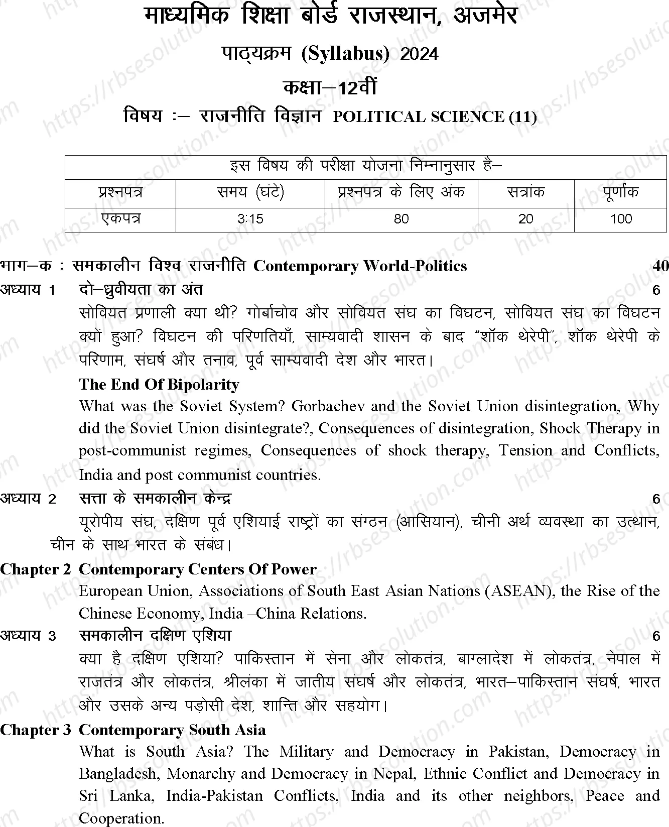 RBSE Class 12th 2024 Political Science Syllabus 0