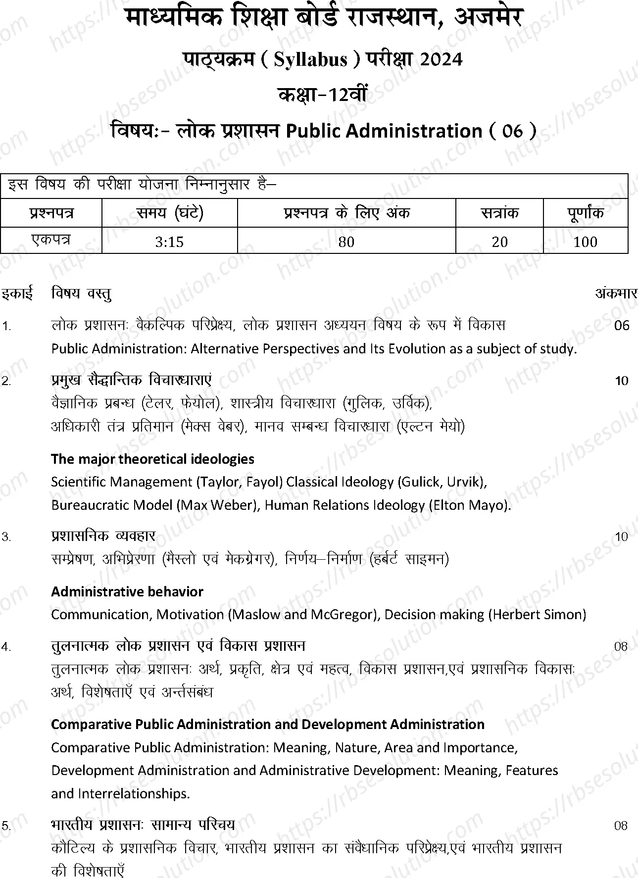 RBSE Class 12th 2024 Public Administration Syllabus 0