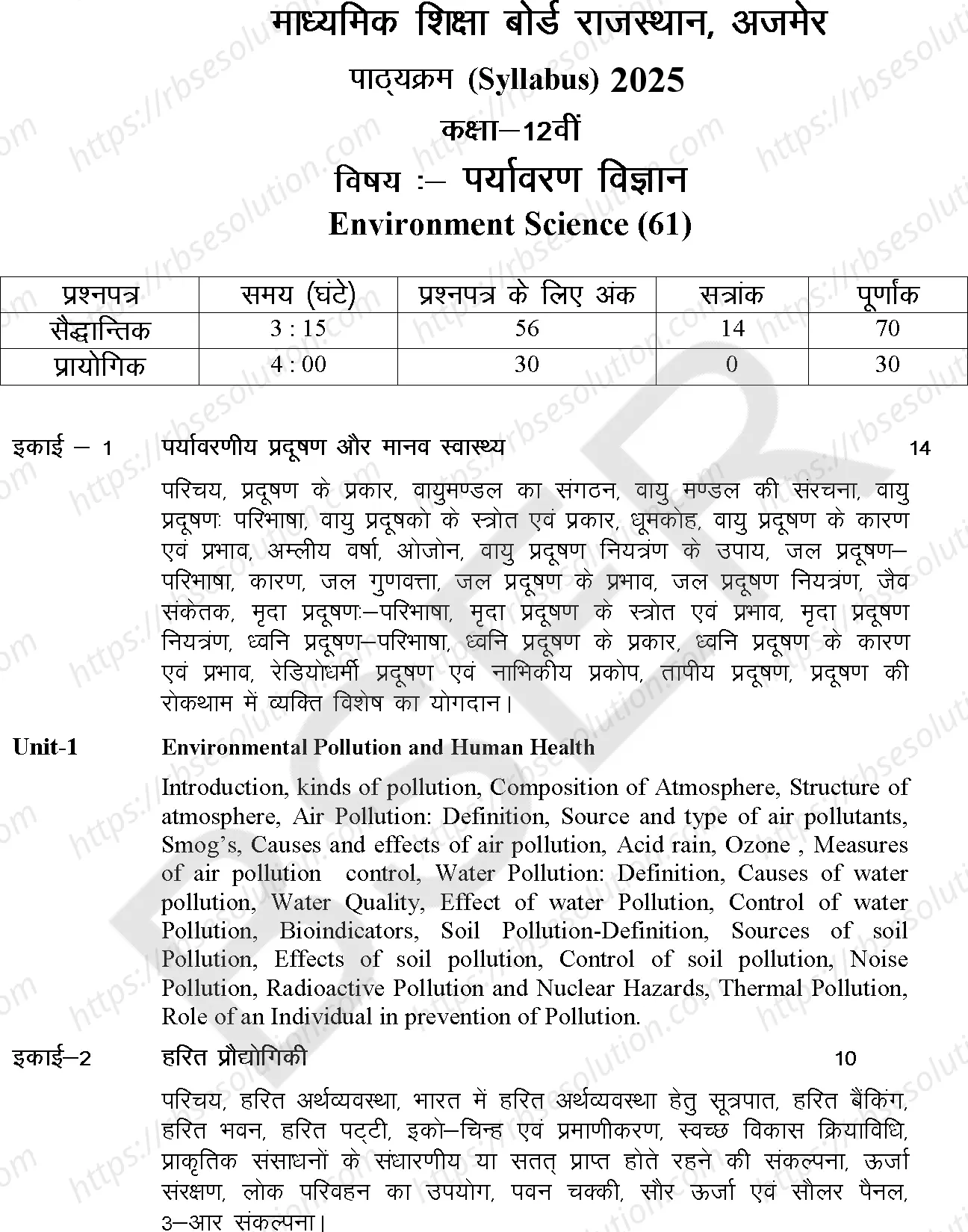 RBSE Class 12th 2025 Environmental Science Syllabus 0