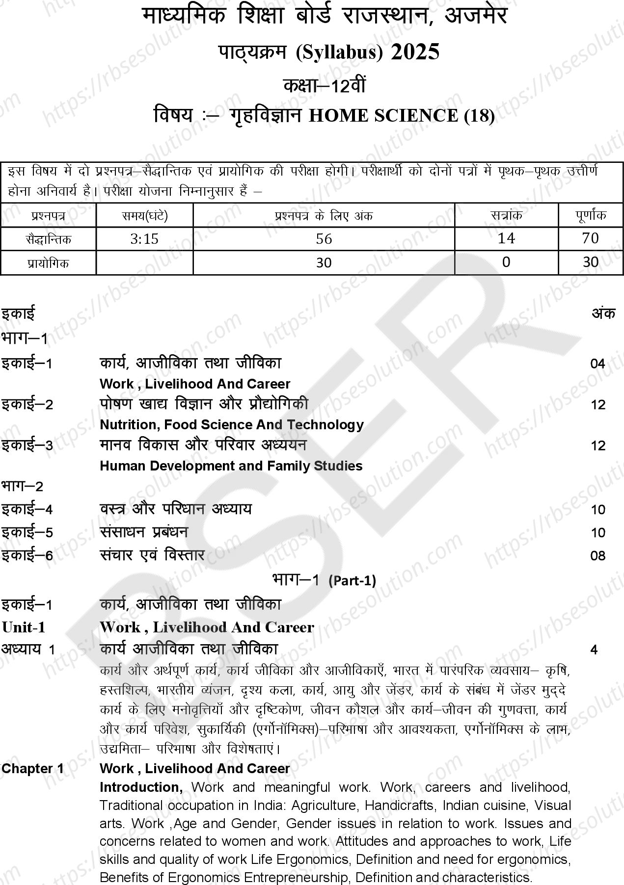 RBSE Class 12th 2025 Home Science Syllabus 0