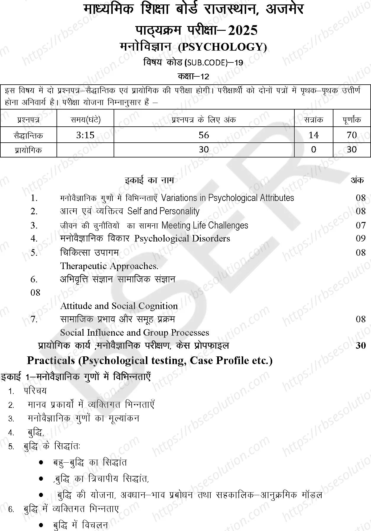 RBSE Class 12th 2025 Psychology Syllabus 0
