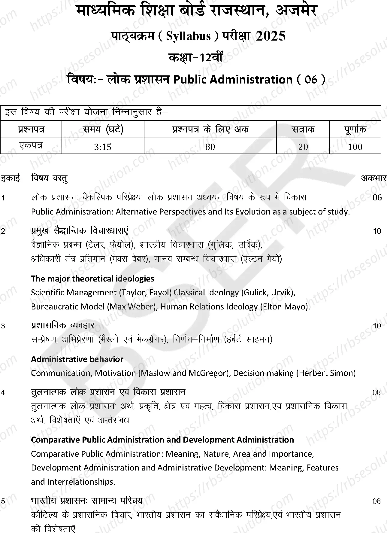 RBSE Class 12th 2025 Public Administration Syllabus 0