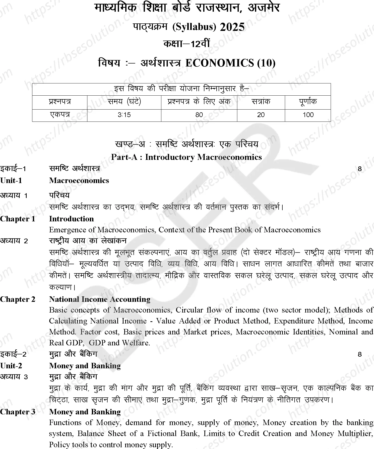 RBSE Class 12th 2025 अर्थशास्त्र Syllabus 0