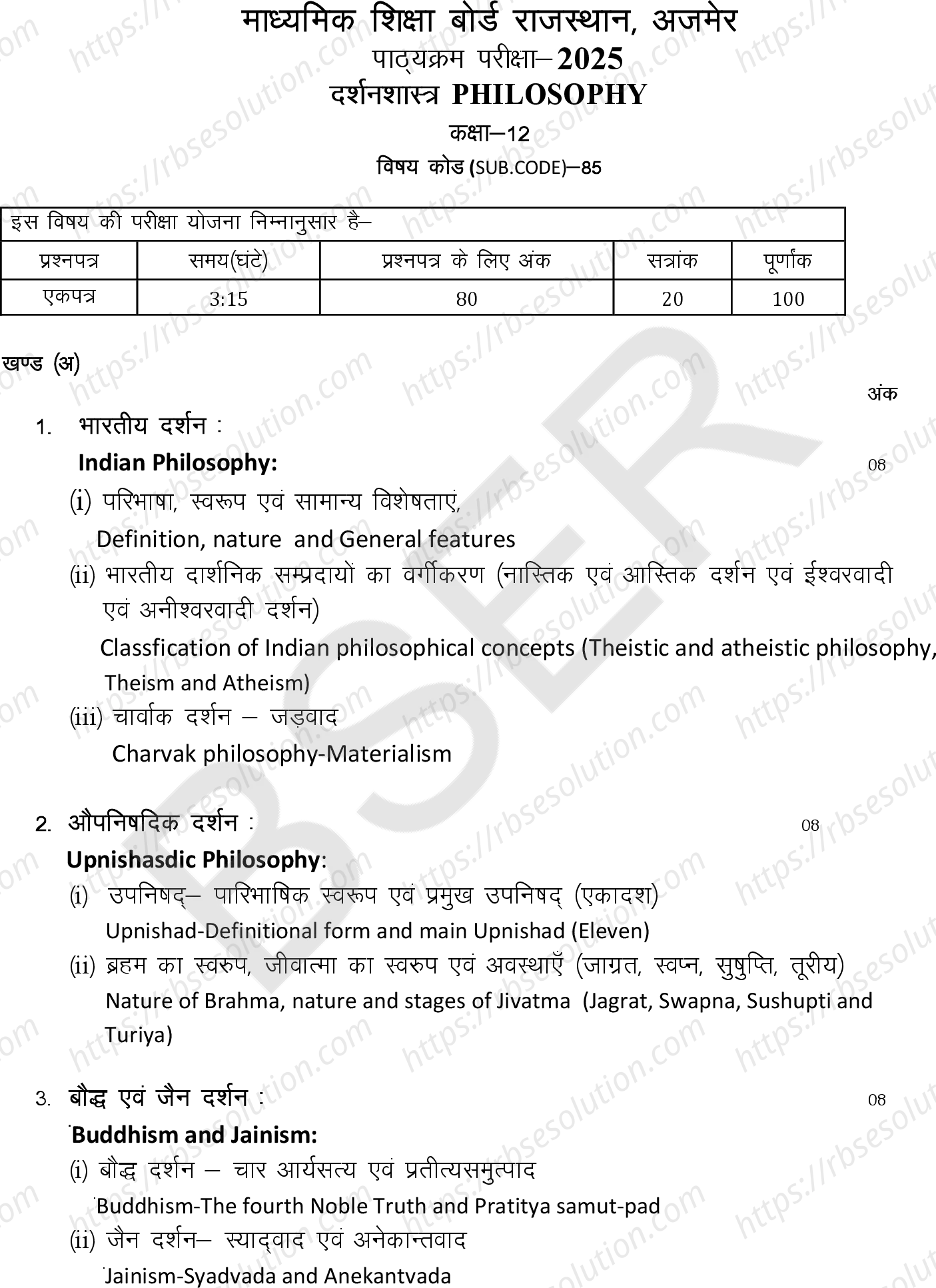 RBSE Class 12th 2025 दर्शनशास्त्र Syllabus 0