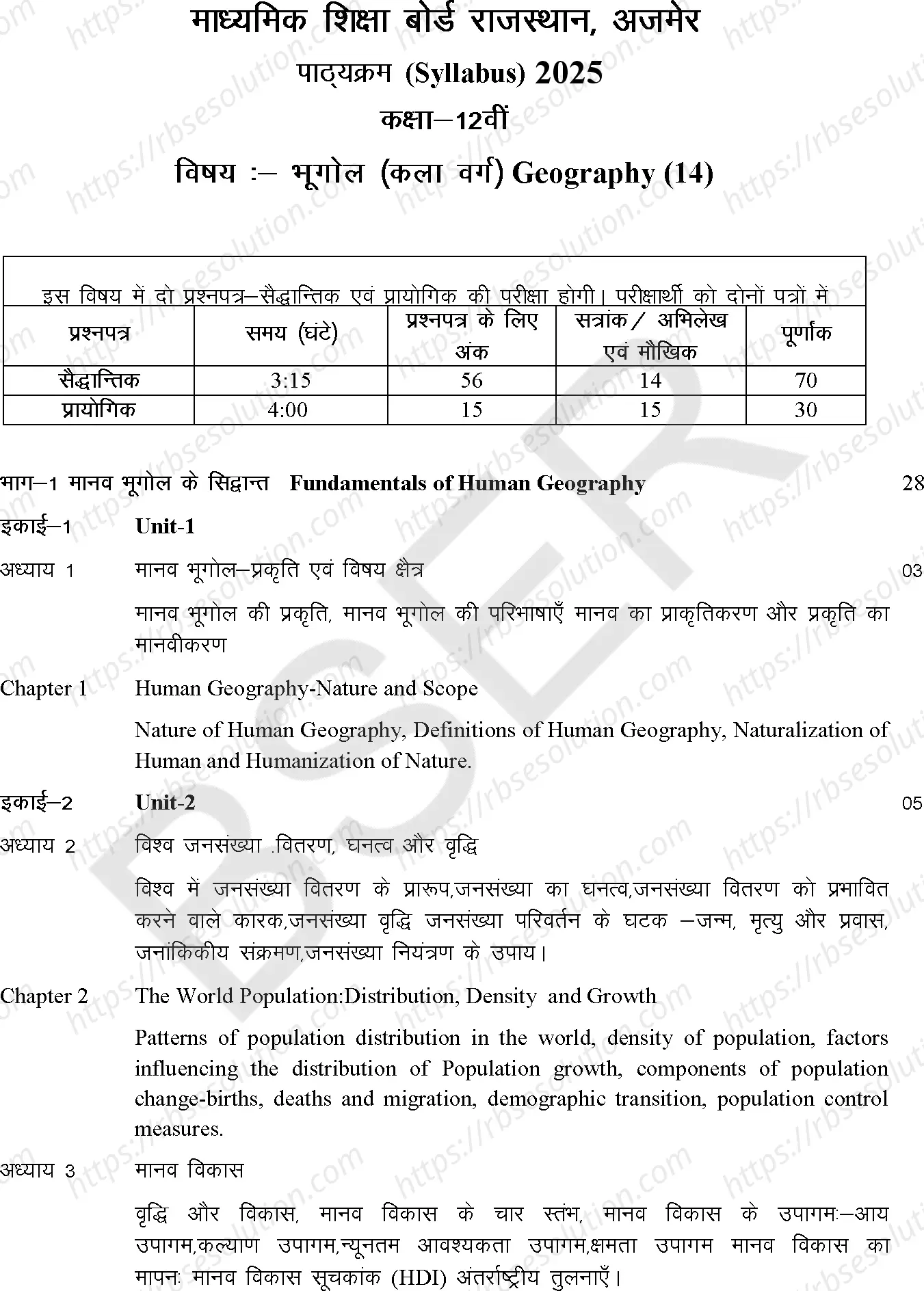RBSE Class 12th 2025 भूगोल (कला वर्ग) Syllabus 0