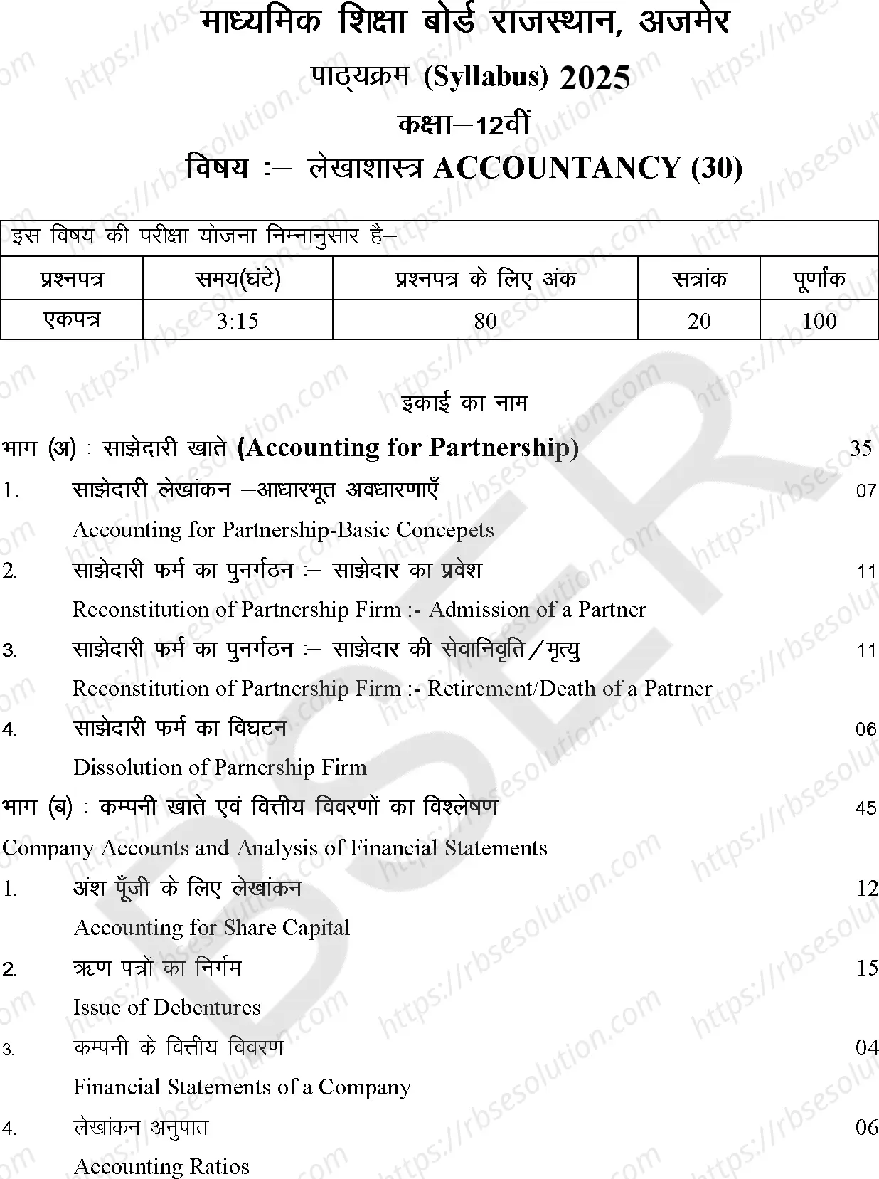 RBSE Class 12th 2025 लेखाशास्त्र Syllabus 0