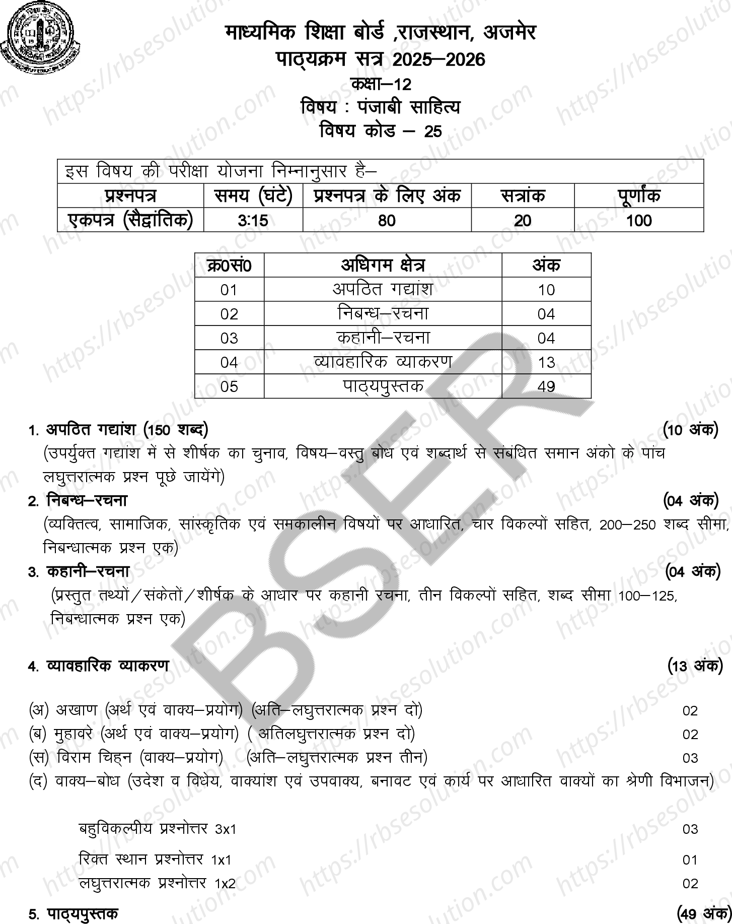 RBSE Class 12th 2026 पंजाबी साहित्य Syllabus 0