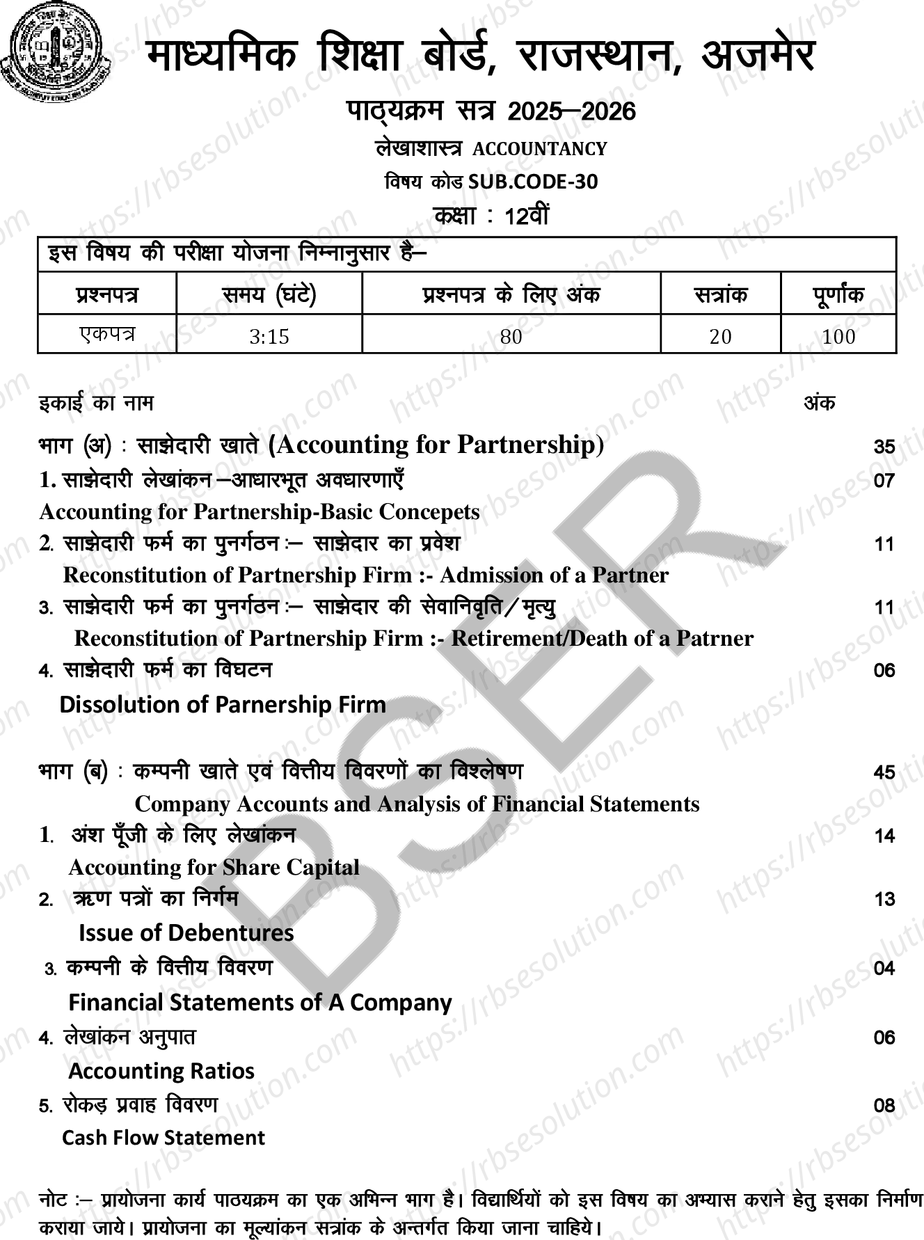 RBSE Class 12th 2026 लेखाशास्त्र Syllabus 0