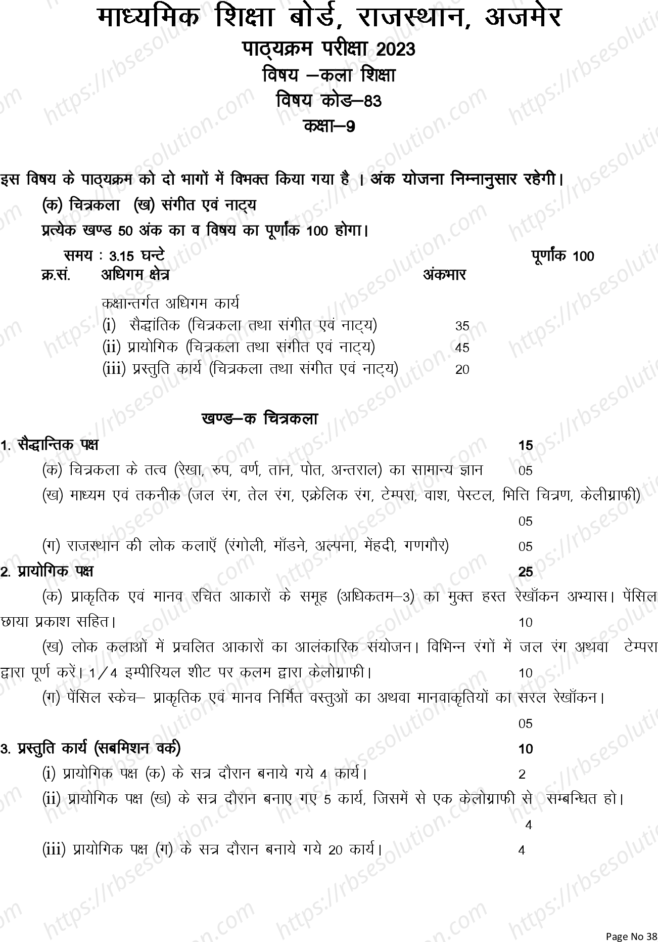 RBSE Class 9th 2023 Art Education Syllabus 0