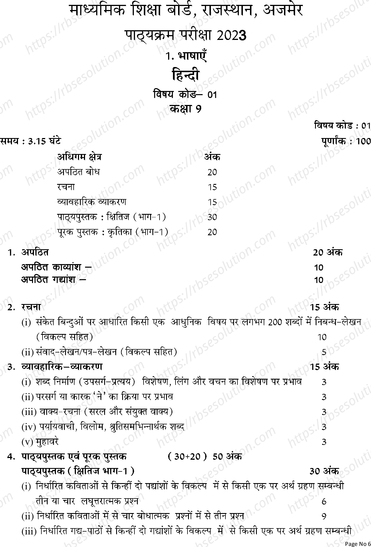 RBSE Class 9th 2023 Hindi Syllabus 0