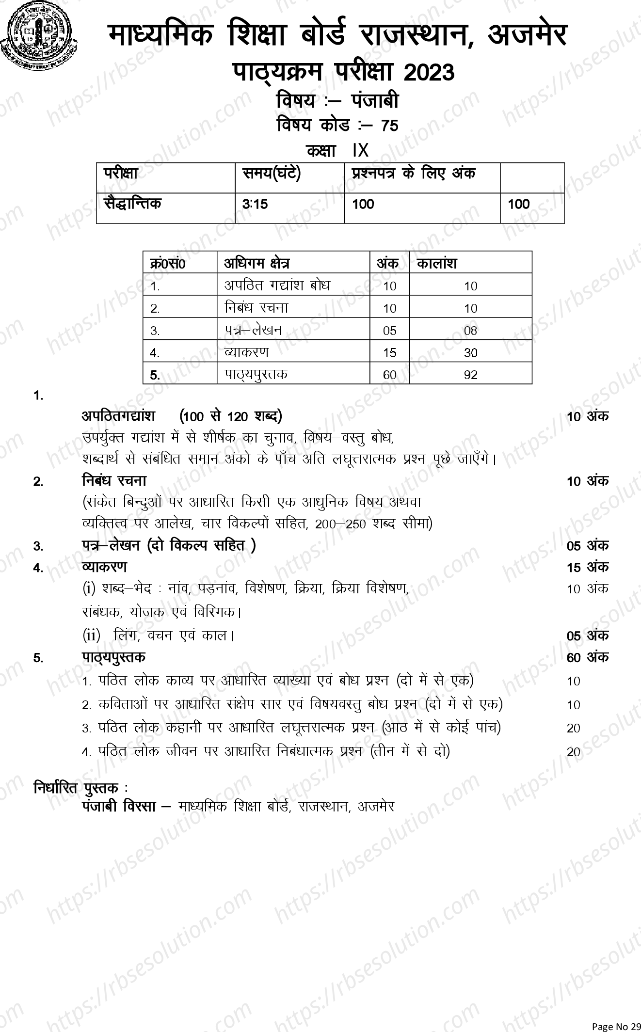 RBSE Class 9th 2023 Punjabi Syllabus 0