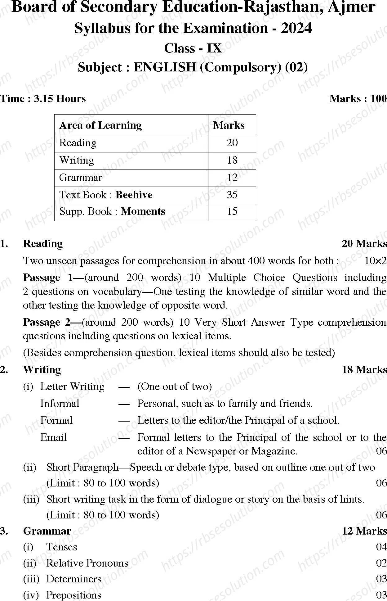 RBSE Class 9th 2024 English Syllabus 0