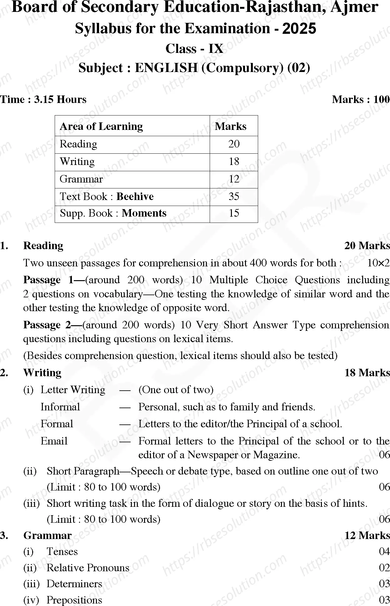 RBSE Class 9th 2025 English Syllabus 0