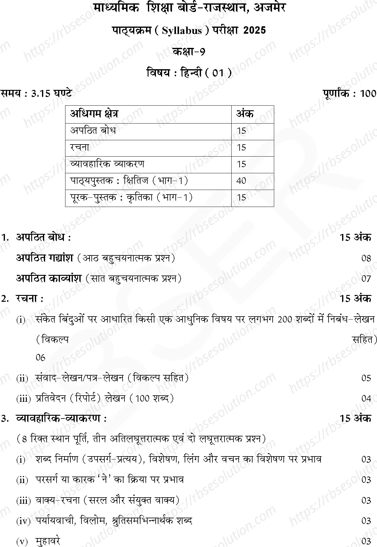 RBSE Class 9th 2025 Hindi Syllabus 0