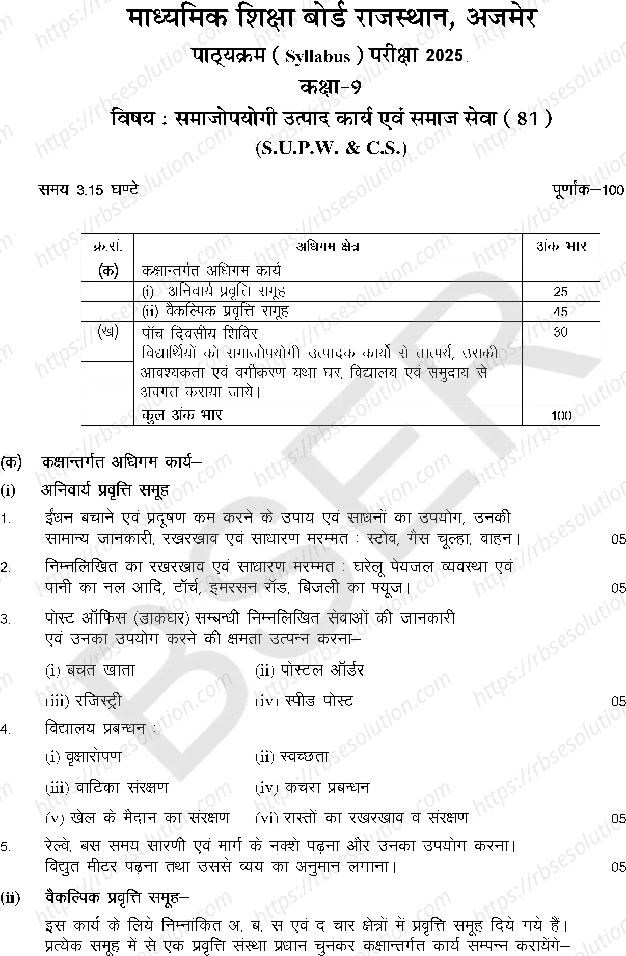 RBSE Class 9th 2025 Social Product Work and Social Service Syllabus 0