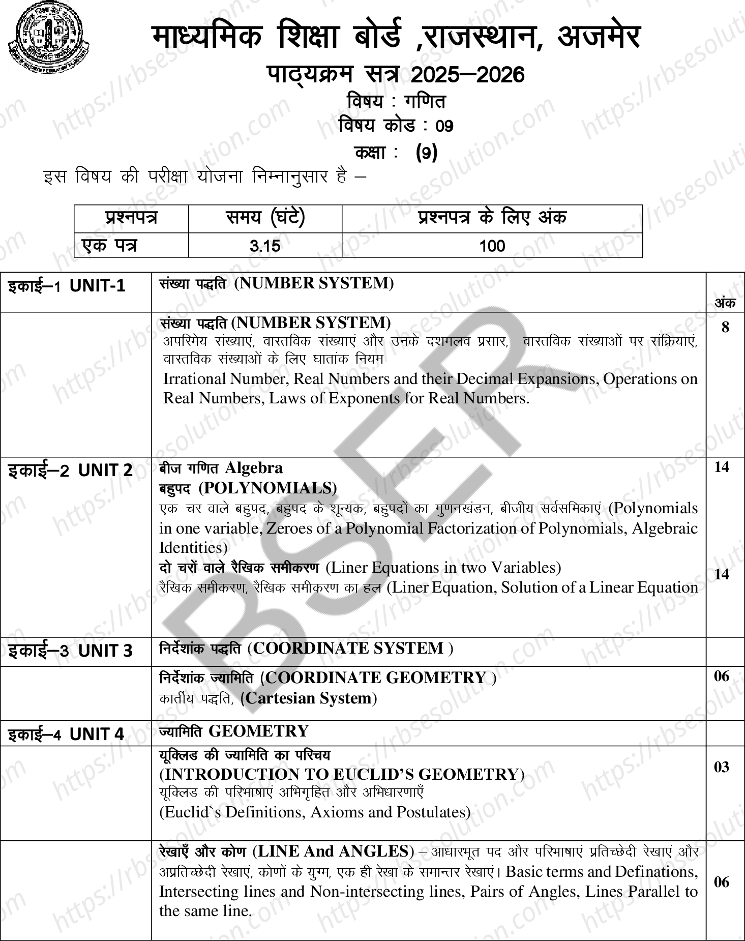 RBSE Class 9th 2026 गणित Syllabus 0